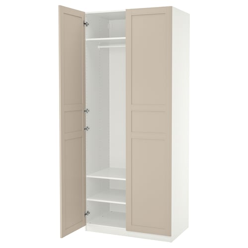 PAX wardrobe, off-white, rectangular, with beige doors, adjustable shelves, soft-close hinges.
