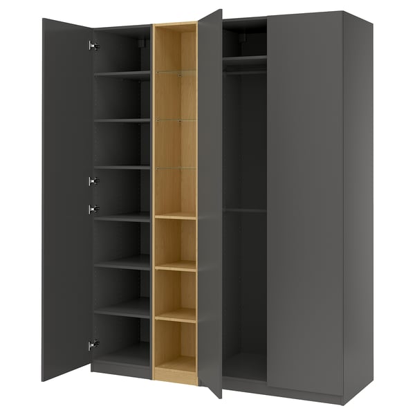 Modern dark grey PAX wardrobe with open shelves, hanging space, and wooden interior.