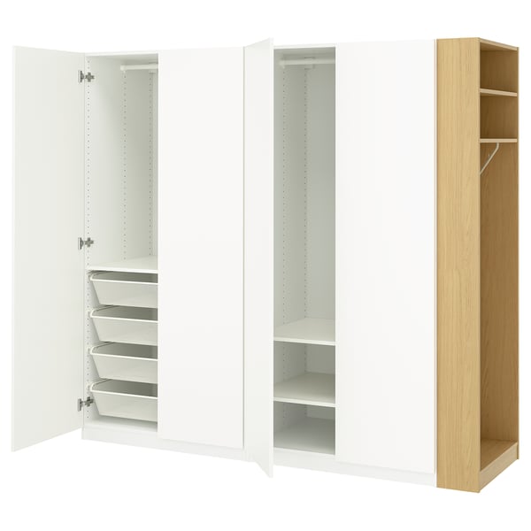 Three open wardrobe sections: left has white drawers, middle has shelves, right is wooden with hangers.