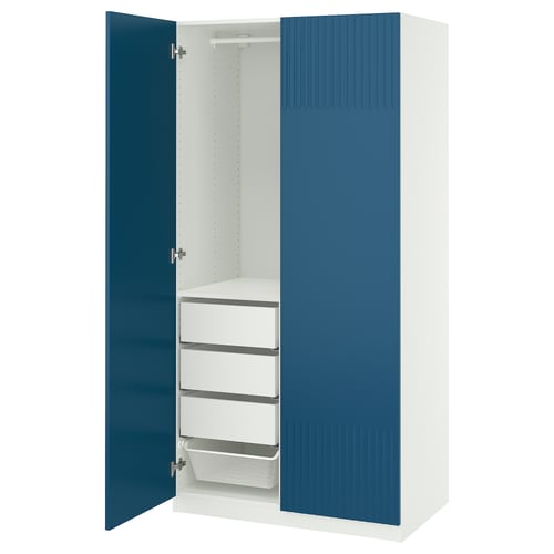 A blue and white PAX wardrobe with one door open, revealing shelves and a mesh basket.