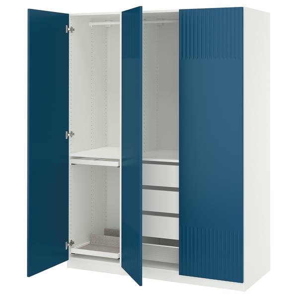 Blue PAX wardrobe with white interior, open doors, shelves, rail, and mesh basket.