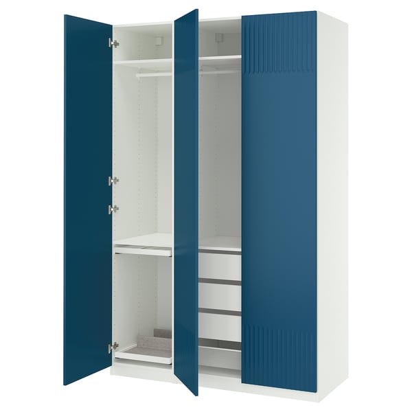Blue and white PAX wardrobe, open showing shelves and compartments.