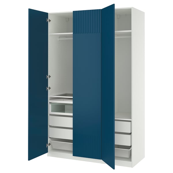 A blue and white PAX wardrobe with open doors, displaying shelves and drawers inside.