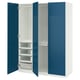 Blue-white PAX wardrobe, modern design, open doors reveal drawers & shelves.