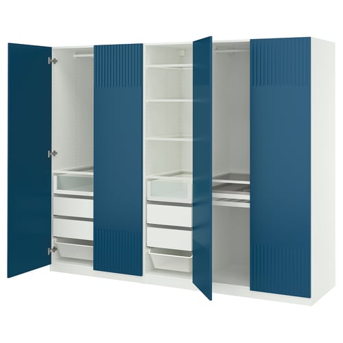 Blue PAX wardrobe with open doors, multiple shelves, drawers, and mesh baskets.