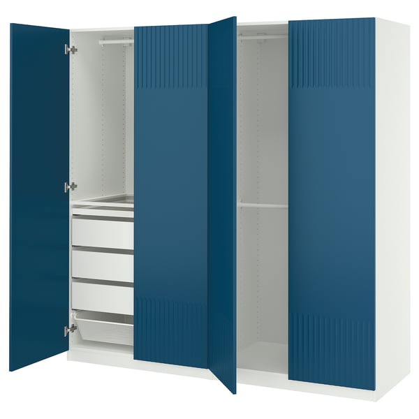 Ikea PAX wardrobe: blue doors, white interior, mesh drawer.