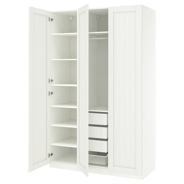 Open white PAX wardrobe multiple shelves, drawers, and mesh basket for efficient storage.