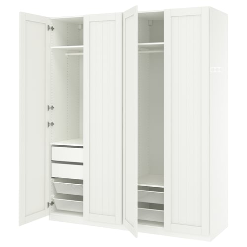 An ikea PAX wardrobe in white with shelves and drawers. It mesh baskets, adjustable feet, and soft-closing hinges.