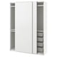 PAX white wardrobe with sliding doors, metal mesh baskets, minimalist design.