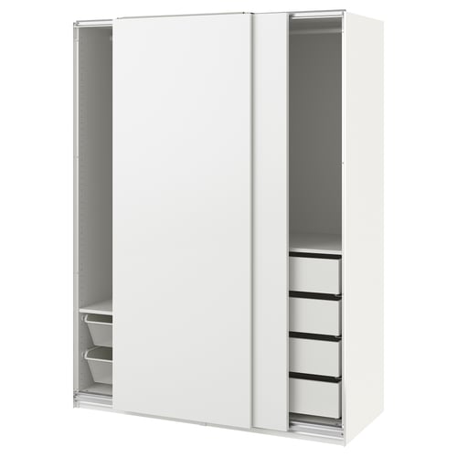 A white ikea PAX wardrobe with sliding doors. It has glass drawers and mesh baskets inside, and adjustable feet.