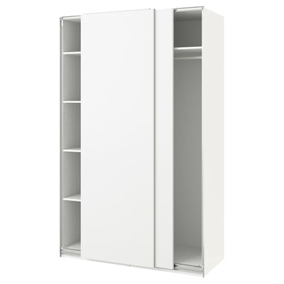 A white, tall, wardrobe with sliding doors and shelves inside. Its sleek and modern, with a minimalist design.