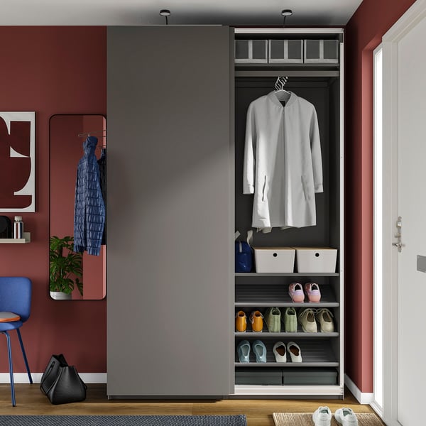 PAX / HASVIK Wardrobe with sliding doors, dark grey/dark grey, 150x43x236 cm