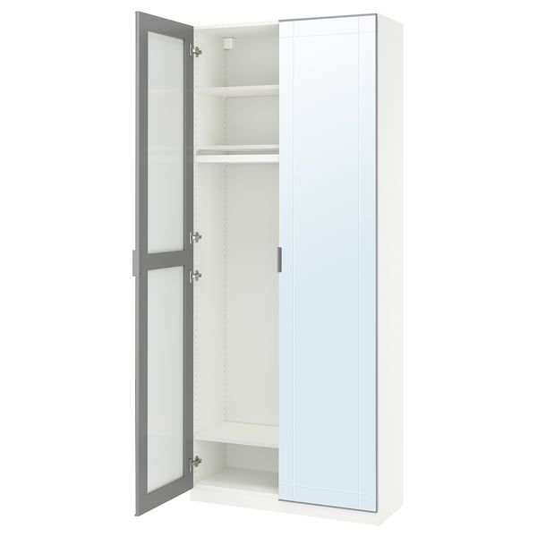 White PAX wardrobe, open door, mirror, soft close hinges.