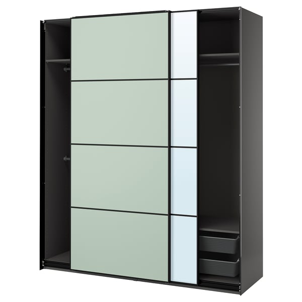 Modern black PAX wardrobe with sliding mirrored doors, mesh baskets, and adjustable shelves.