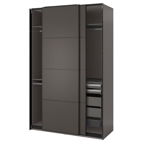 Modern black PAX wardrobe with sliding glass doors & shelves.