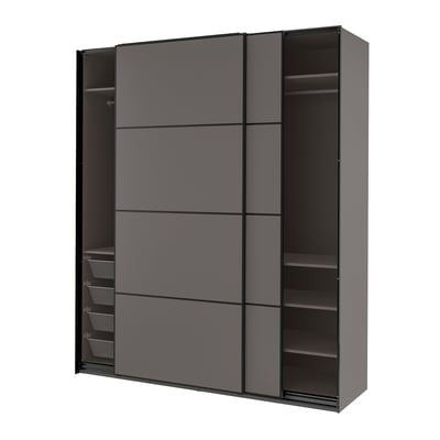A modern, grey, PAX wardrobe with sliding doors and open shelves. It mesh baskets and a sleek, minimalist design.