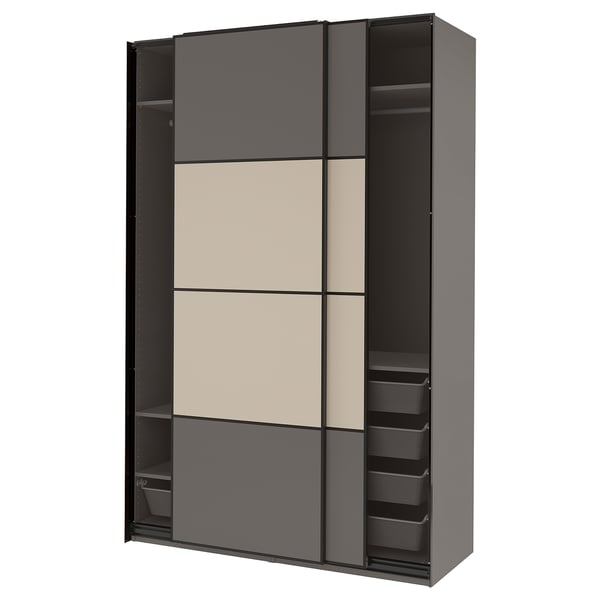 Modern PAX wardrobe in black and beige with sliding doors and mesh drawers.