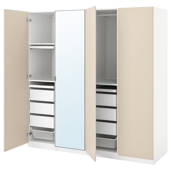 Beige PAX wardrobe with mirrored centre, open doors showing shelves and drawers.