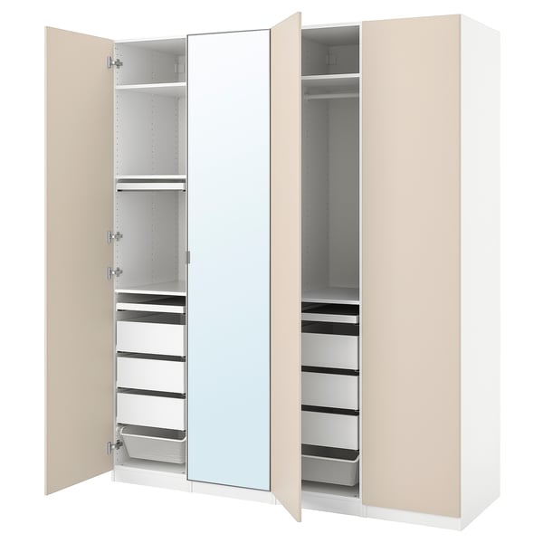 PAX wardrobe in beige with mirrored doors, open showcasing shelves, drawers, and trays.