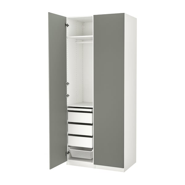 PAX wardrobe in light blue, featuring adjustable shelves and drawers, with a sleek, modern design.