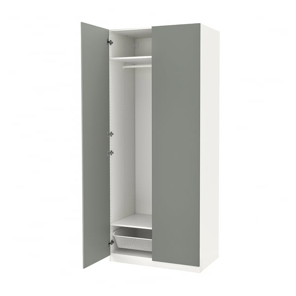 White ikea PAX wardrobe, grey interior, doors open.