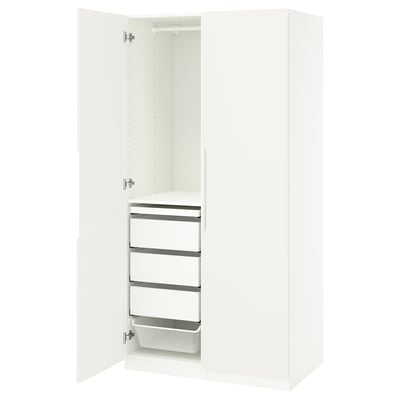White PAX wardrobe open, showing shelves and mesh drawer.