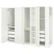 White PAX wardrobe with open drawers and shelves, sleek design.