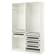 White PAX wardrobe: 2 sections, shelves, drawers, glass fronts, metal rail.