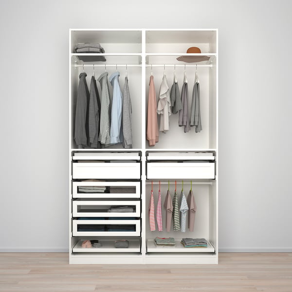 Organised closet with hanging clothes, drawers, and shelves for efficient childrens storage.