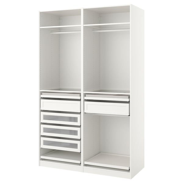 White PAX wardrobe with drawers, shelves, and hanging space for efficient storage.