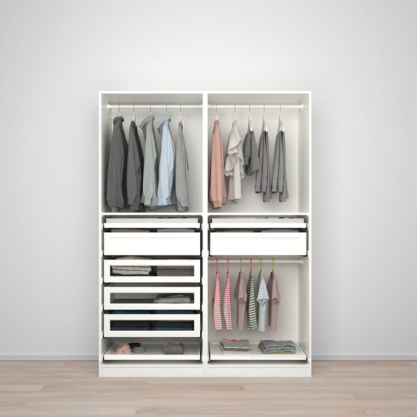 A double wardrobe with a mini-wardrobe section for kids, featuring clothes rail, drawers, and shelves.