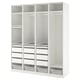 White PAX wardrobe, four sections. Top shelves, hanging rails, drawers, and mesh baskets. Modern, organised design.