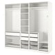 White PAX wardrobe with shelves, drawers, and mesh baskets for organised storage.
