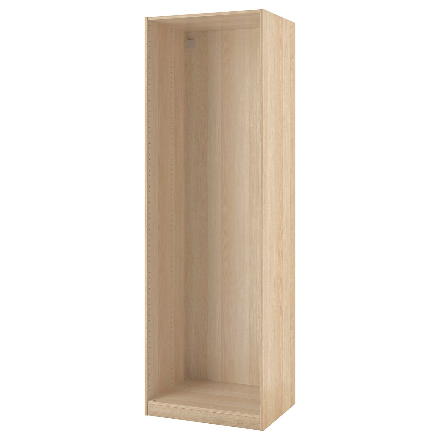 Ikea PAX wardrobe frame in light oak, upright with empty shelves.