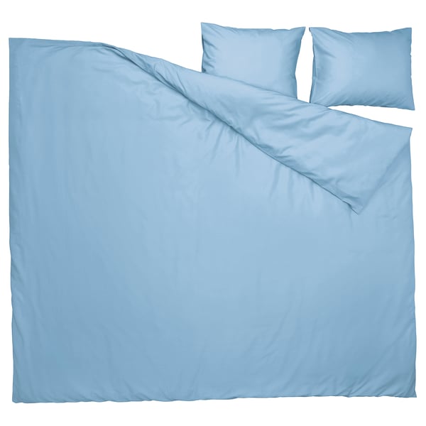 Light blue duvet set with pillowcases, smooth polyester/viscose material.
