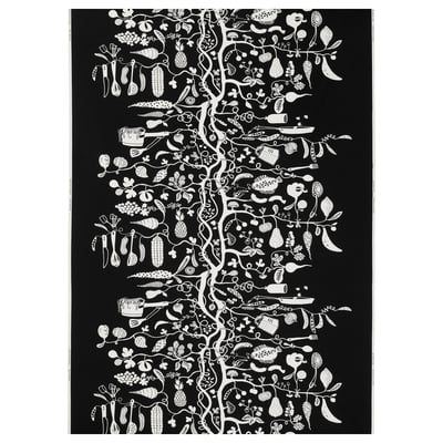 PIPDÅN: black fabric with white food/culinary patterns. Made from 100% recycled cotton. Pre-cut for crafts, aprons, or home accents.