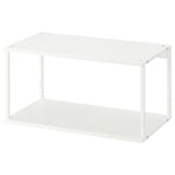 White IKEA PLATSA shelf, rectangular, open airy design, steel and honeycomb paper material.