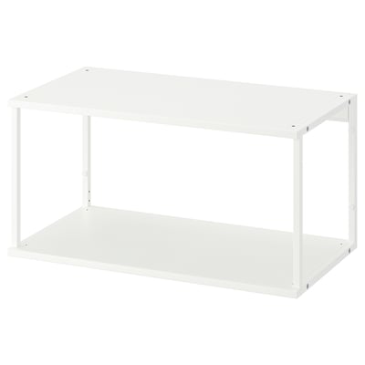 White IKEA PLATSA shelf, rectangular, open airy design, steel and honeycomb paper material.