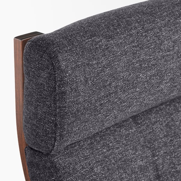 Close-up of armchair backrest, showcasing plush cushions and curved wooden frame, highlighting quality and comfort.