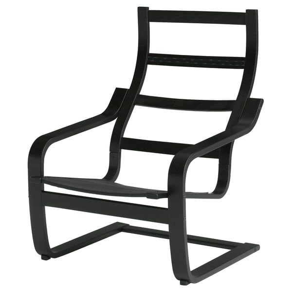 Black POÄNG chair: sleek, curved design with high back, birch veneer frame, comfy seat.