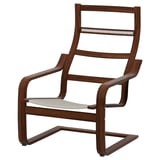 This is an an oak brown POÄNG armchair with a light seat cushion. It has a modern, curved design with a high back for neck support.