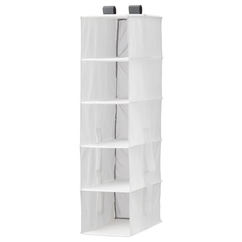 A white IKEA RASSLA hanging storage organiser with five mesh compartments for efficient closet organisation.