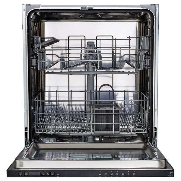 Open stainless-steel dishwasher with racks.