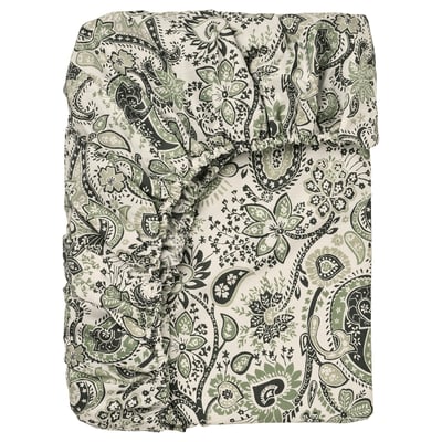 RODGERSIA fitted sheet, green paisley print, cotton-viscose blend, rectangular, elastic edging.