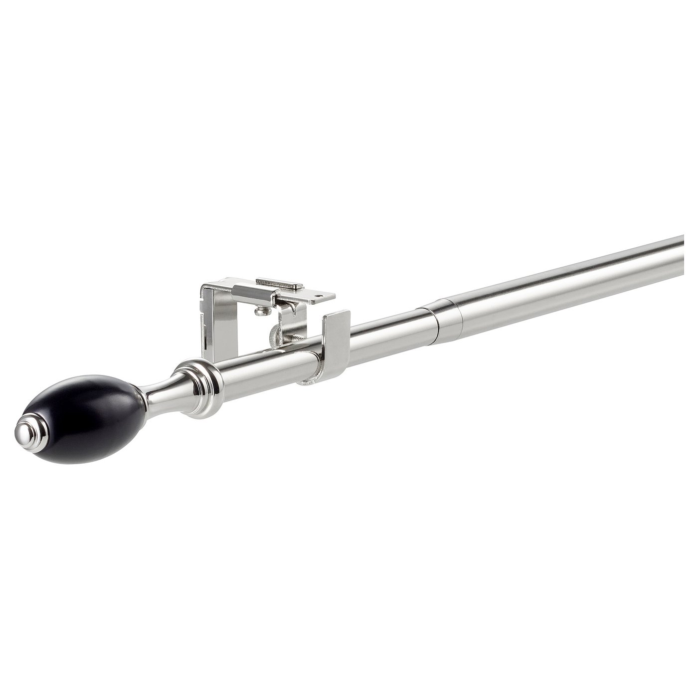 RÖNNSUMAK silver curtain rod, black tips, stainless steel & plastic, adjustable, modern design.