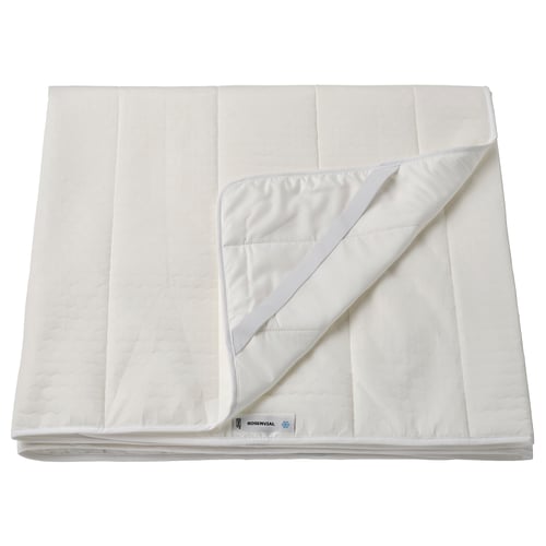 A white ROSENVIAL mattress protector, neatly folded with an elastic strap. Its designed for comfort and temperature regulation.