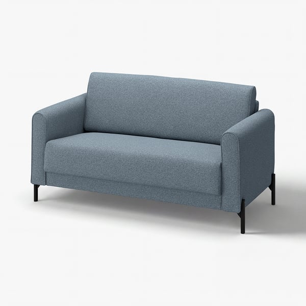 SALTMYRAN sofa: slim, grey, sleek design with soft edges, legs visible, on light background.