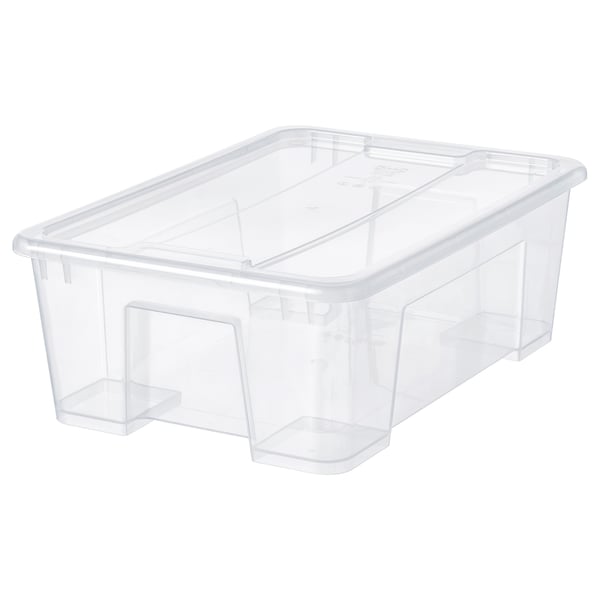 A clear SAMLA storage box made of polypropylene plastic with a lid and handles for easy carrying.