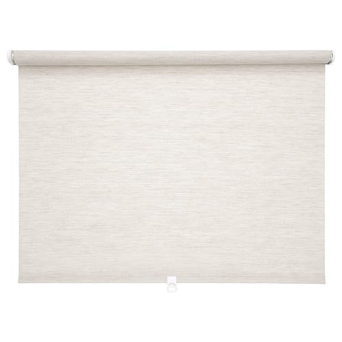 SANDVEDEL roller blind. Light beige, textured fabric. Cordless design. Ideal for tall windows or doors.
