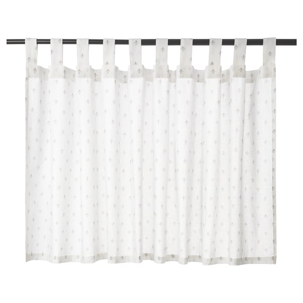 White curtains with sheer fabric, grey fleur-de-lis, 100% cotton, machine-washable, easy instal, privacy with daylight.